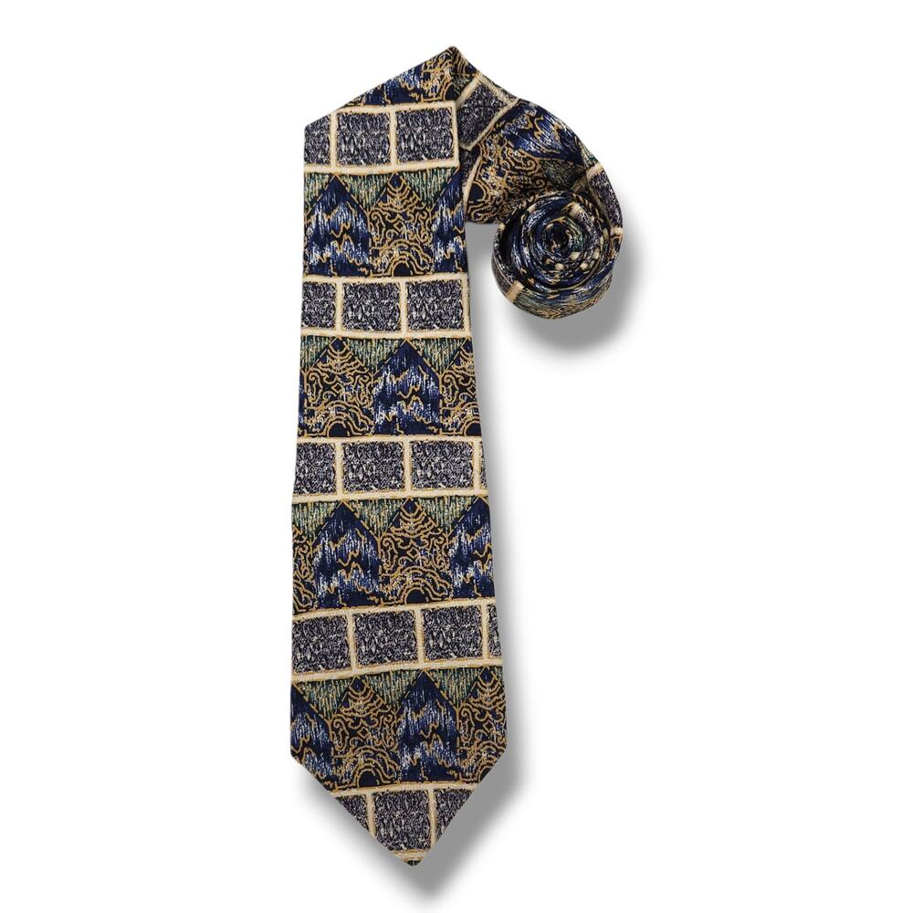 Albert Nipon Silk Necktie Abstract Geo Paisley Jacquard Blue Gold Vintage OS